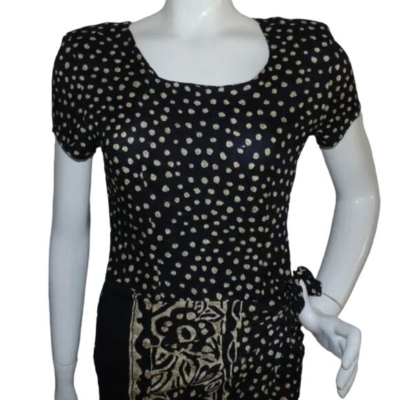 New ELISSE Mini Dress, XS/2, Polka Dot, Fold over, Knot, Blue/Tan, VINTAGE - Picture 2 of 14